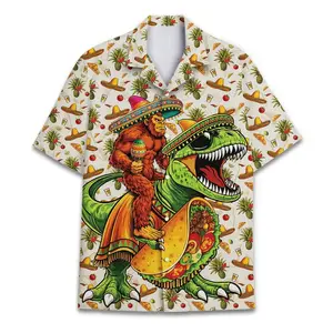 Mexican Sombrero Bigfoot Riding Dinosaur Taco Hawaiian Shirt, Cream Base Short Sleeve Button Down Aloha Top, Unisex Cinco De Mayo Fiesta Casual Beach Shirt For Men Women # TikTokMadeMeBuyIt # CincoDeMayoShirt # FunnyDinoBigfootAlohaTop # MexicanPartyHawai