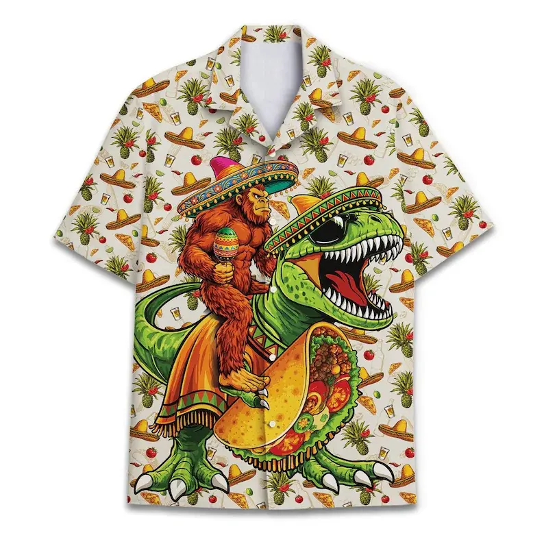 Mexican Sombrero Bigfoot Riding Dinosaur Taco Hawaiian Shirt, Cream Base Short Sleeve Button Down Aloha Top, Unisex Cinco De Mayo Fiesta Casual Beach Shirt For Men Women # TikTokMadeMeBuyIt # CincoDeMayoShirt # FunnyDinoBigfootAlohaTop # MexicanPartyHawai