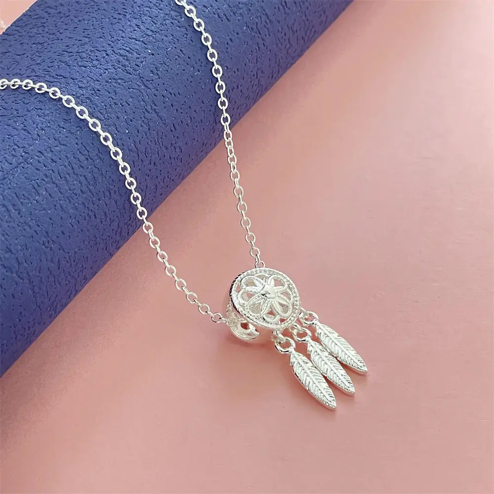 Women's 925 Silver-Plated Dreamcatcher Pendant Necklace, 46cm Chain, Lightweight Casual Costume Jewelry for Daily Matching, Female