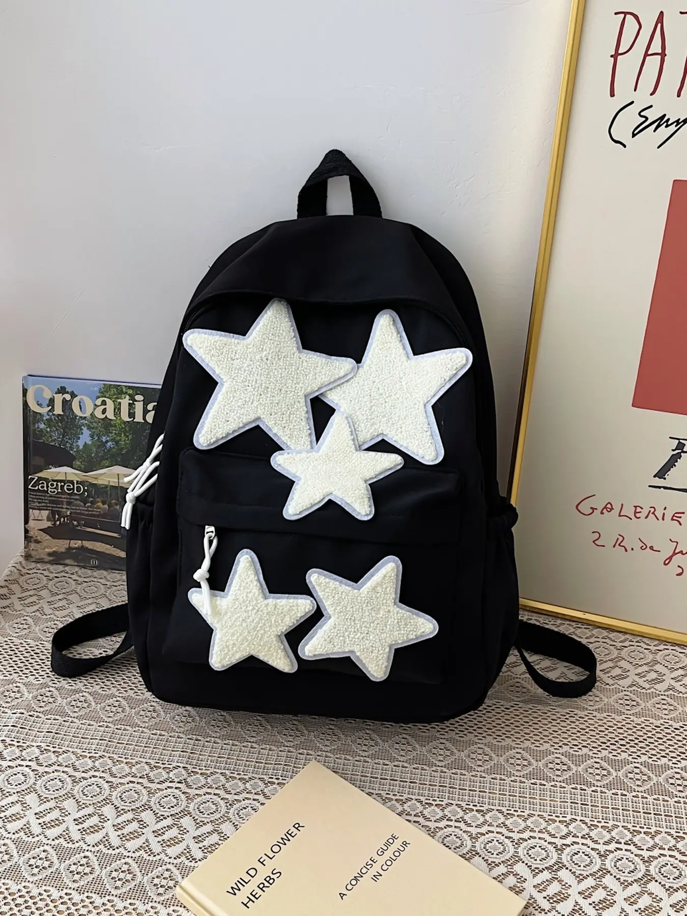 Cute Plush Star Decoration Backpack for Women, Lightweight Canvas Stylish Casual Daypack, Available in Black Red Blue, Perfect for School Daily Commute and Weekend Getaway, Backpack for Travel