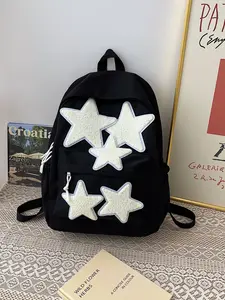 Cute Plush Star Decoration Backpack for Women, Lightweight Canvas Casual Daypack, Available in Black Red Blue, Perfect for School Daily Commute and Weekend Getaway