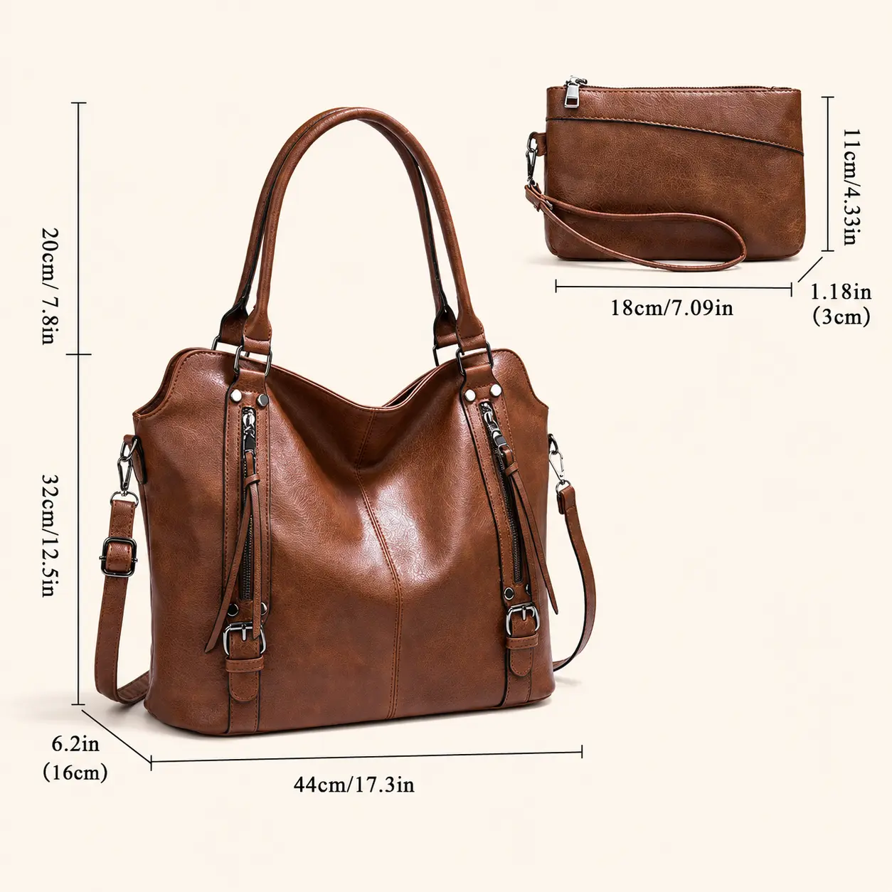 Women’s Vintage Brown Plain PU Leather 2-Piece Hobo Tote Bag Set - Adjustable Detachable Shoulder Strap, Multi-Pocket, Matching Wristlet, Zip Closure, Multi-Use for Work & Daily Use tote bag for college crossbody bags for women