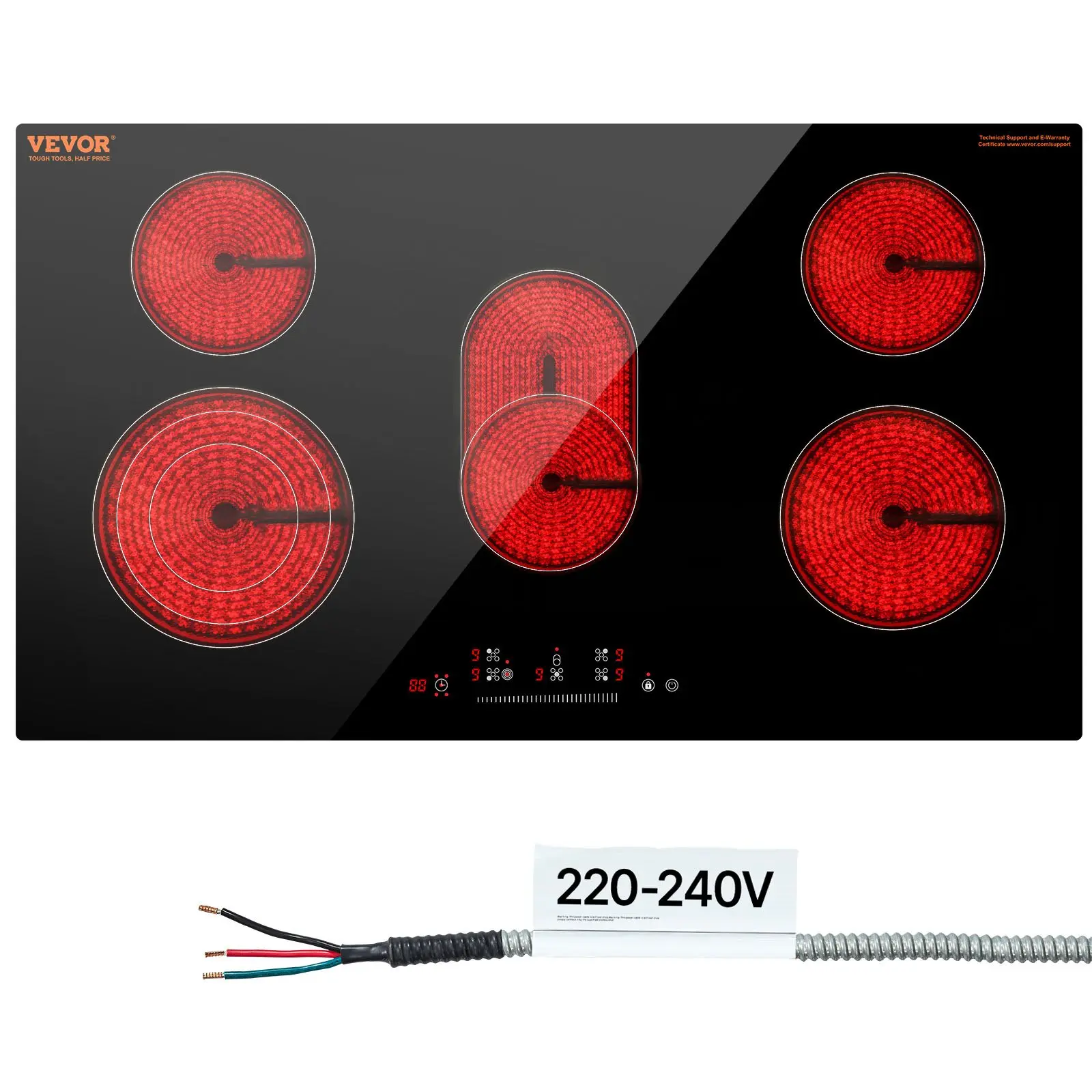 VEVOR 36-in Built-in Electric Cooktop, 5-Burner 8600W Ceramic Glass Top Stove, Touch Control, Timer, Child Lock, 9 Heat Levels, 34.3x19.3 inch, 220-240V Hardwired (No Plug) for Pregnant Women & Elderly
