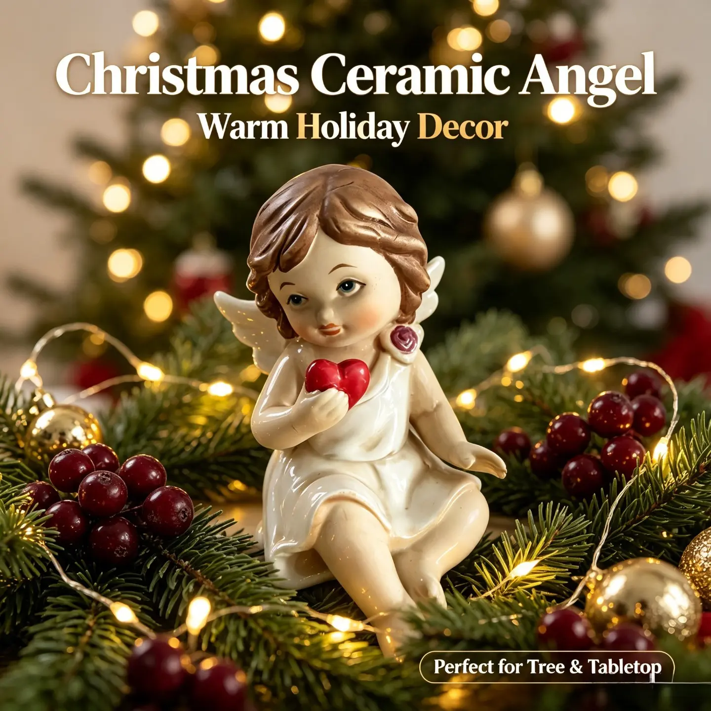 Vintage Hand‑Painted Ceramic Cherub Angel Figurine Holding Red Heart, Retro Porcelain Tabletop Christmas Statue Ornament, Warm Festive Mantel Shelf Holiday Home Decor, Cozy Winter Xmas Decoration, Perfect Christmas Gift, Thanksgiving New Year Housewarming