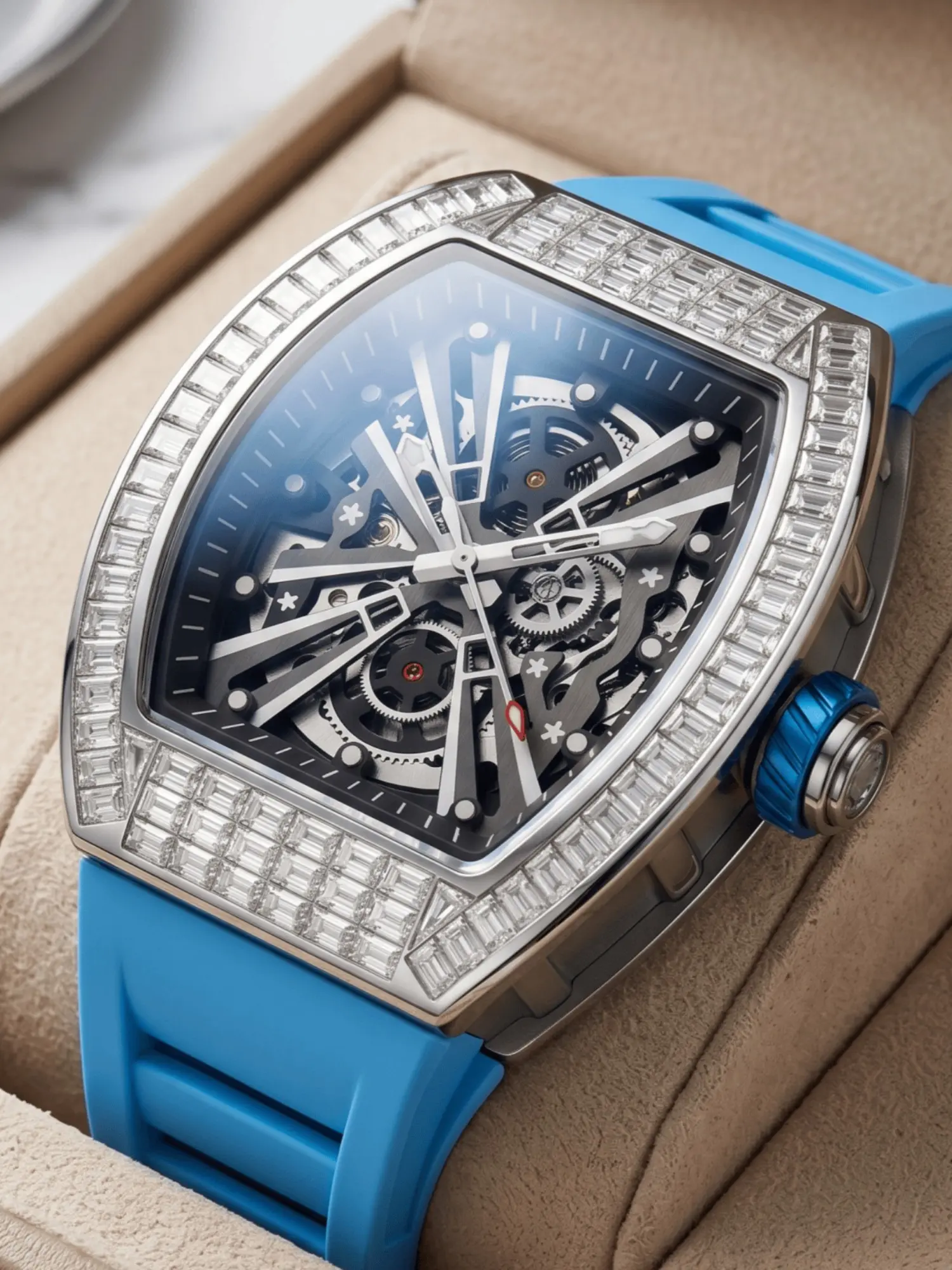 ONOLA Brand Diamond Skeleton Automatic Watch Mechanical Men Watches, Full Rectangular Crystal Bezel, Bright Silicone Strap, Luminous Hands, 30m Water Resistance Men Watch, Perfect for Everyday Wear Holiday Gilf