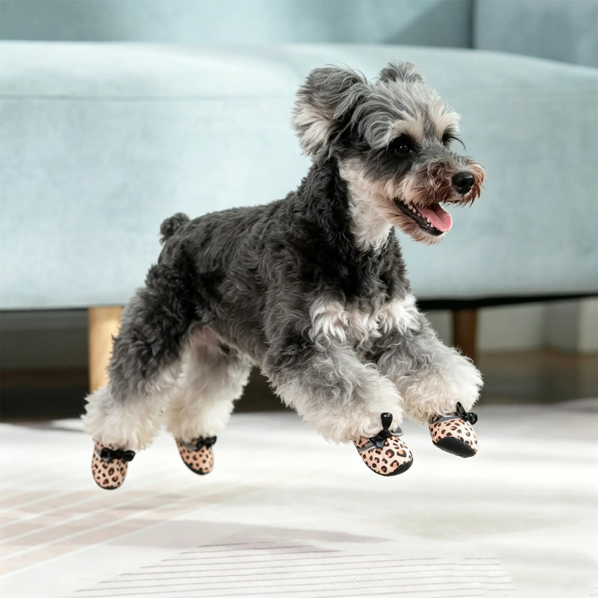 Small Dog Warm Anti-Slip Pet Shoes, Teddy Poodle Universal Fall Winter Fuzzy Leopard Print Dog Shoes, 4 Pairs Set