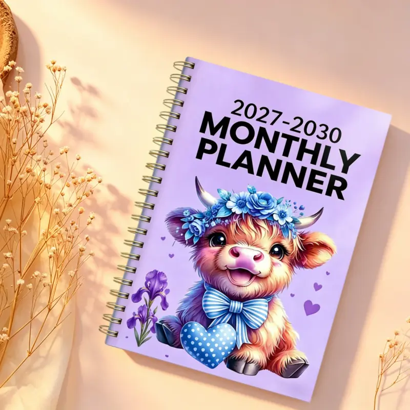 2027-2030 Monthly Planner/Calendar - January 2027 to December 2030, 4-Year Monthly Planner, Purple Highland Cow Floral Theme Cover Design Notebook, Yearly Calendar Planning, Monthly Tabs, 48-Month Calendar, 5.5 x 8.3 Inches Thick Paper, Elastic Cover, Dur