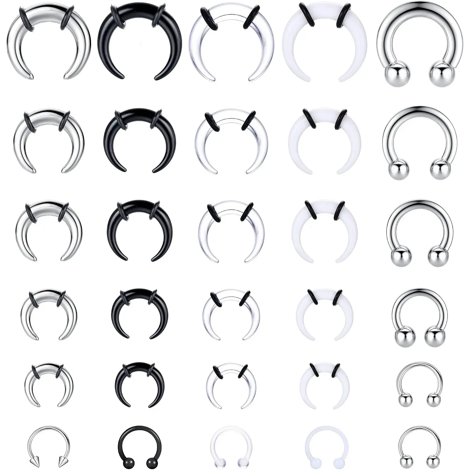 FIASASO 16G-6G Septum Pincher Tapers Rings Acrylic Stainless Steel Internally Threaded Spike Horseshoe Barbells Septum Pincher Nose Ear Cartilage Stretching Kit for Women Men