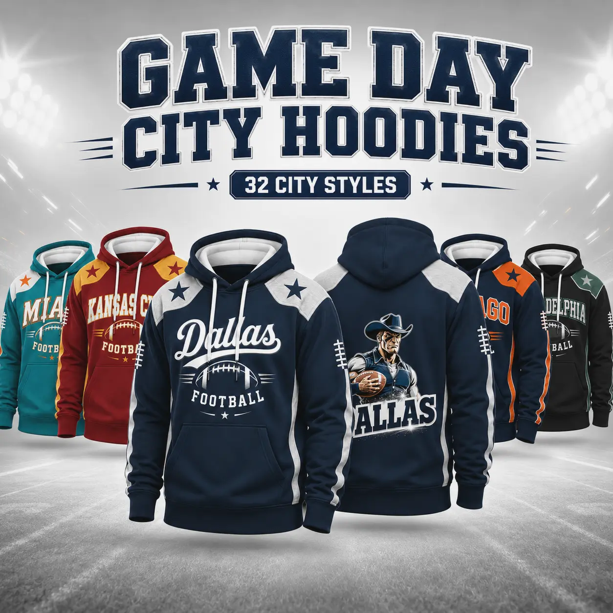 Unisex Game Day City Football Hoodie for Men Women, 32 City Styles Color Block Pullover Sweatshirt, Front & Back Retro City Football Graphic Hooded Top, Casual Sports Fan Apparel, Perfect Game Day Gift for Football Supporters