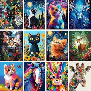 Vibrant Cat [STRETCHED FRAMED PAINT BY NUMBERS FOR ADULTS] 16x20in Canvas Painting Kit, Colorful Starry Night Animal Deer Horse Rabbit Giraffe Landscape , Psychedelic Aesthetic Room Wall Decor, Relaxing Mindfulness Creative Hobby Gift Set art diy