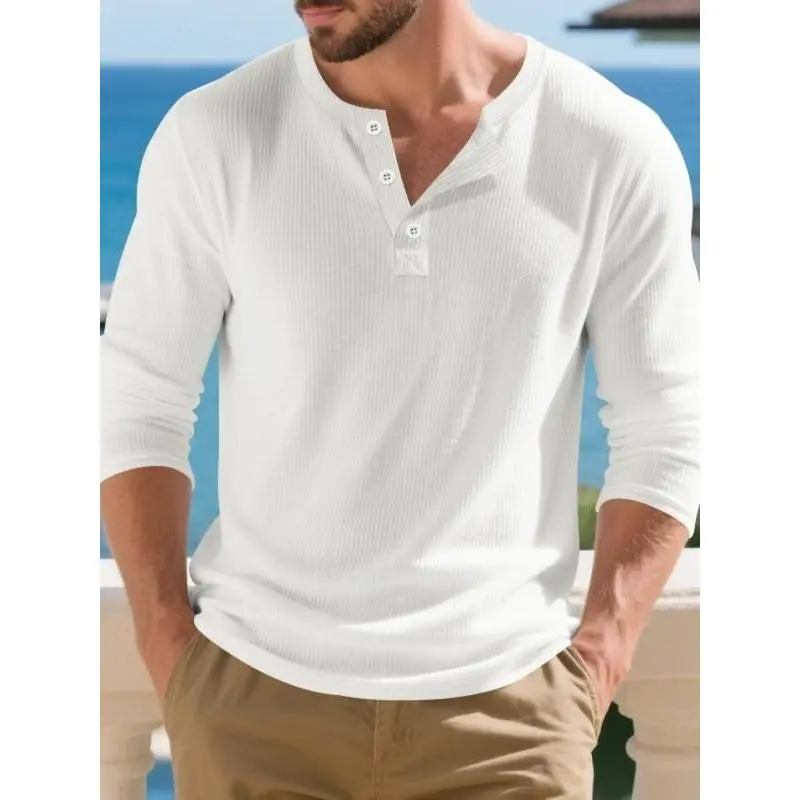 Men's Long Sleeve Ribbed Knit Henley Shirt, Loose Fit Casual Commuter Top, New Arrival American Style Heavyweight Fabric