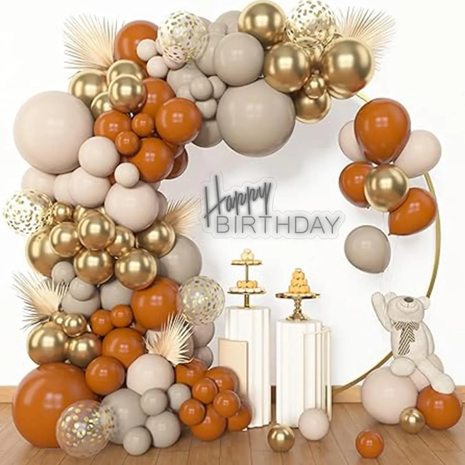 156pcs Burnt Orange Balloon Garland Arch Kit, Different Sizes 18 12 10 5inch White Sand Nude Latex Metallic Gold Confetti Fall Thanksgiving Balloons for Shower Birthday Party Decorations