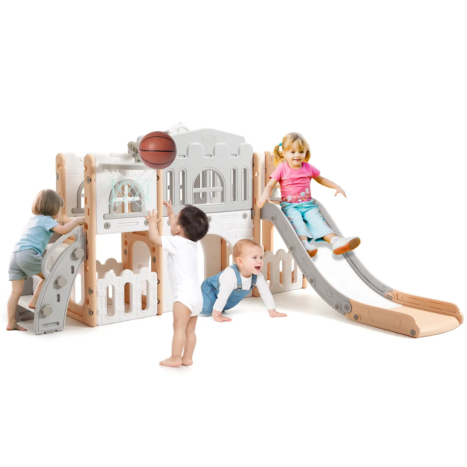 8-in-1 Toddler Slide & Climber Playset - Large Safe Plastic Activity Center for 1-3 Year-Olds, Indoor/Outdoor Use, with Basketball Hoop, Crawling Tunnel, Telescope, Toy Storage