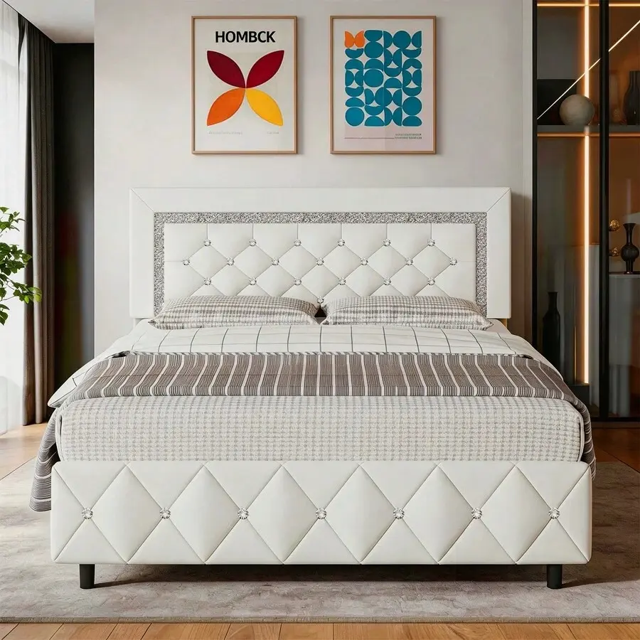 Upholstered Bed Frame, Modern Platform Bed Frame With Diamond Headboard And Footboard, No Boxing Spring Needed, Easy Assembly, Black/ Grey/ Pink/ Purple/ White/ Beige / Green, Twin/ Full/ Queen/ King