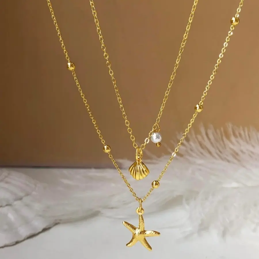 Women's Multi-Layer Ocean-Inspired Necklace, Elegant Chain Strap Jewelry with Starfish, Sea Shell & Artificial Pearl Beads for Summer Beach Parties, Bling Effect, Chain Strap Necklaces, Casual, Female, Ocean-Inspired Necklaces