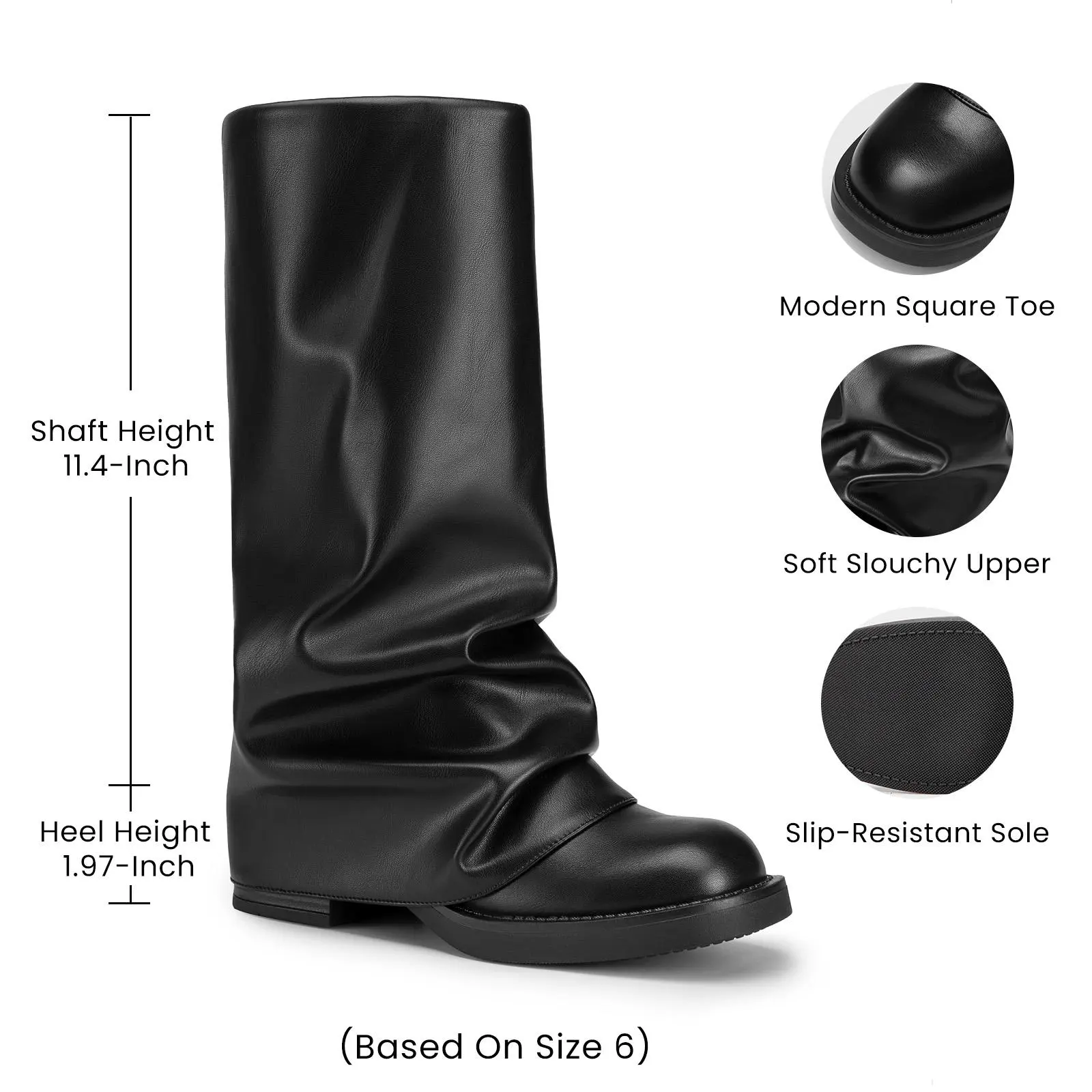 Athlefit Women's Slouchy Fold-Over Wide Calf Boots, Chunky Platform Low Heel Square Toe Pull-On Mid-Calf Shoes