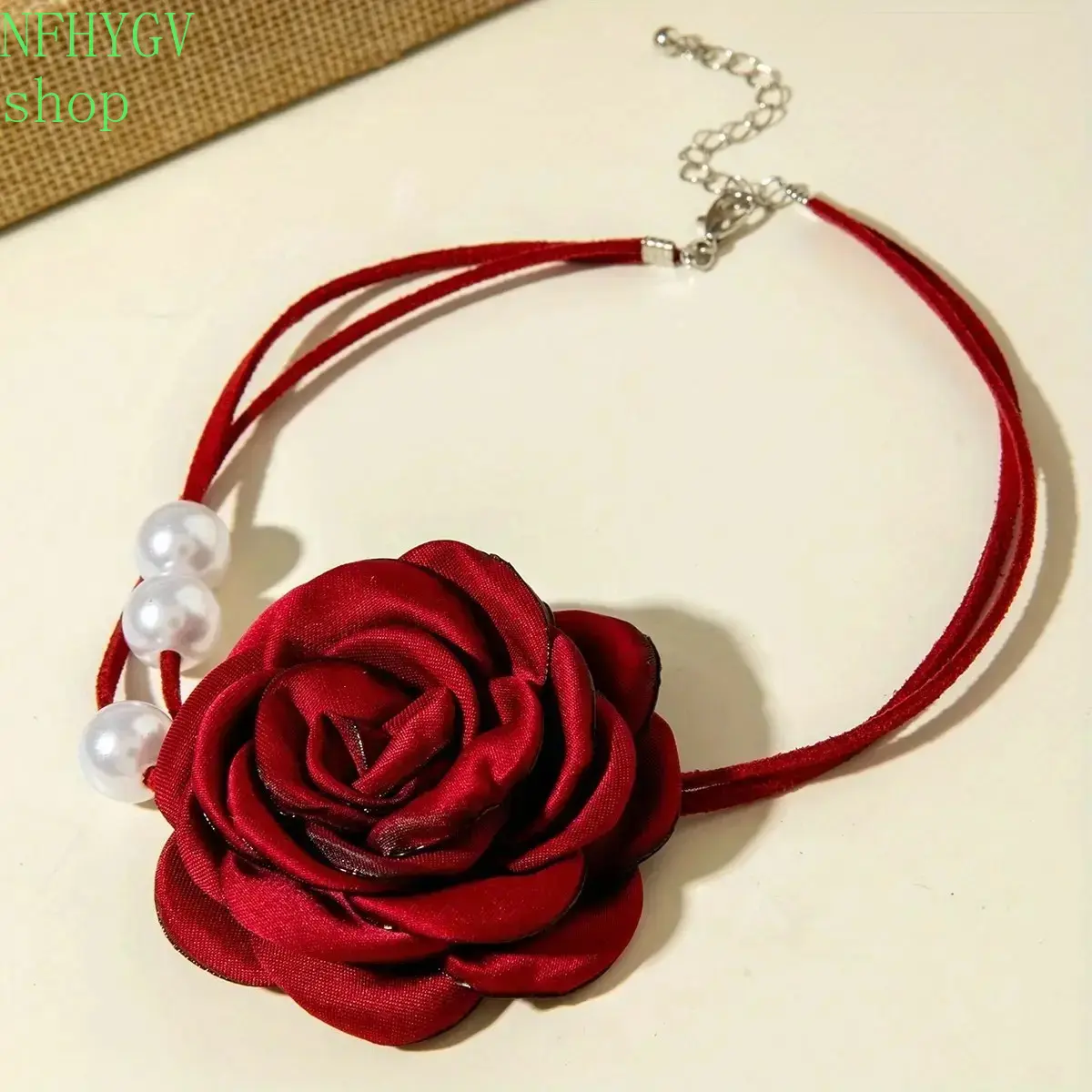 Women’s Elegant Red Rose Pendant Necklace, Vintage 3D Floral Design With Imitation Pearl Beaded Chain, Delicate Collarbone Jewelry For Daily Styling & Valentine’s Day Gifting
