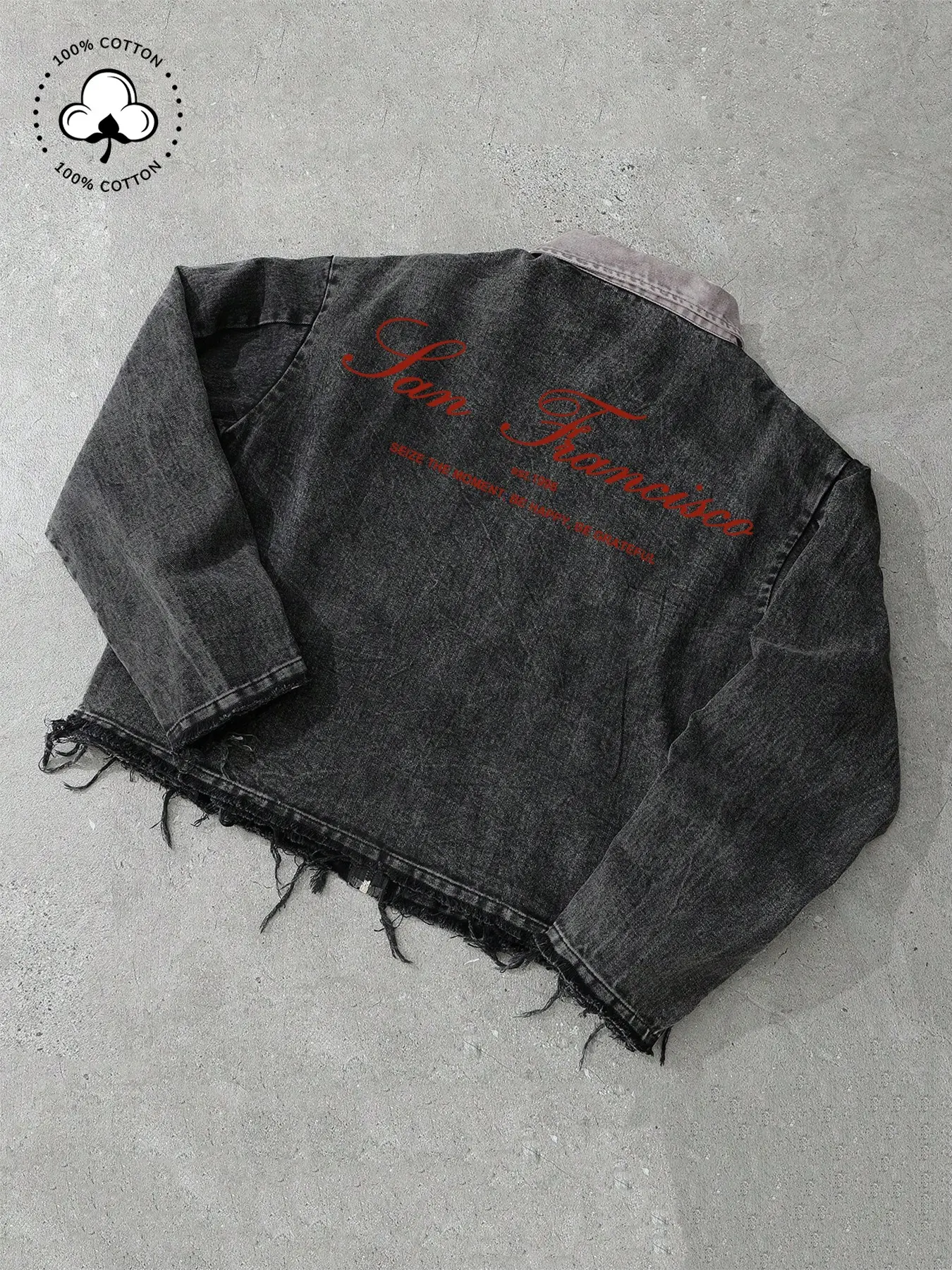 Men's Vintage Washed Cotton Denim Zip Jacket With Frayed Hem And San Francisco Letter Print, Suitable For Streetwear, Daily Wear And Casual Gatherings