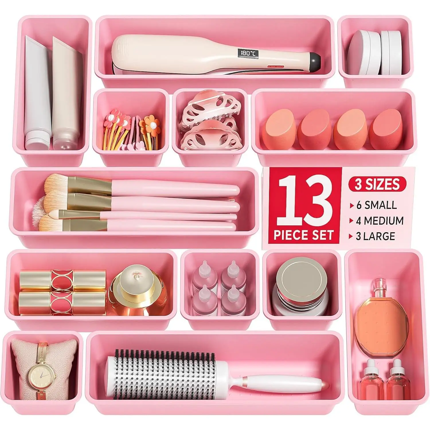 13 Pack Plastic Drawer Organizers Set, 3 Sizes Desk Drawer Organizer Trays for Vanity and Makeup Organizer, Organization and Storage for Makeup, Kitchen Utensils, Bathroom and Office(Pink)
