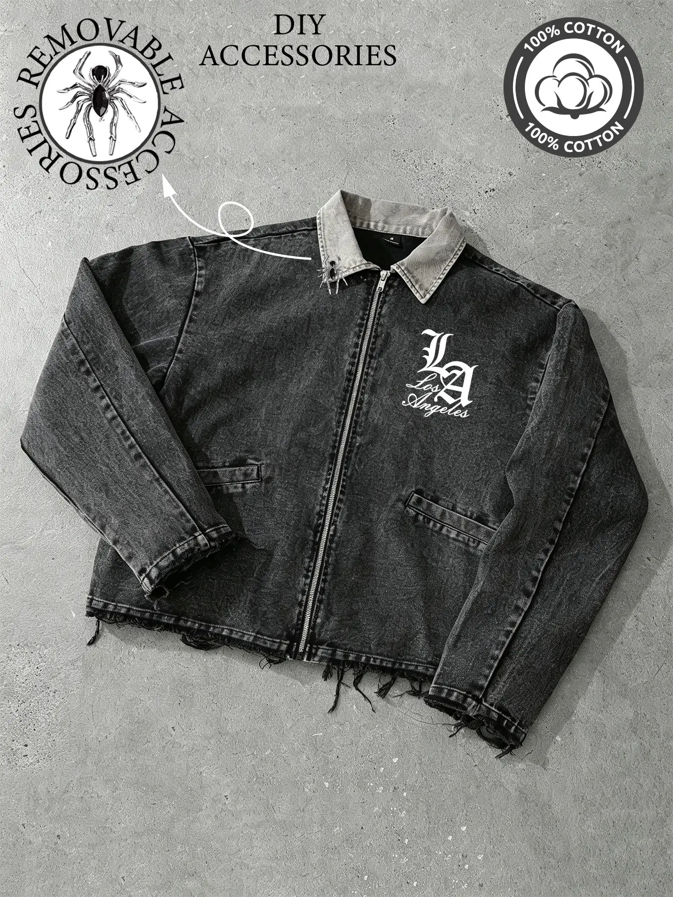 Y2K Street Style Vintage Washed Short Loose Casual Zipper Denim Jacket, Gothic Print DIY Custom Spider Jacket, Perfect for Young Men
