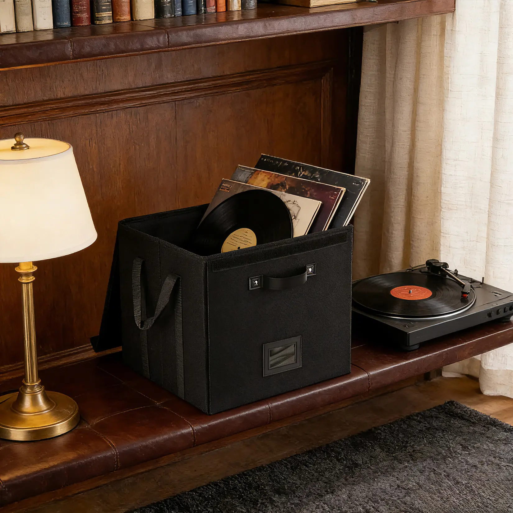 Set of 3 Vinyl Record Storage Boxes – Durable Non-Woven LP Album Holder with Lids & Handles – Secure Album Organization for Home Entertainment – Black, 33x33x33cm ﻿
