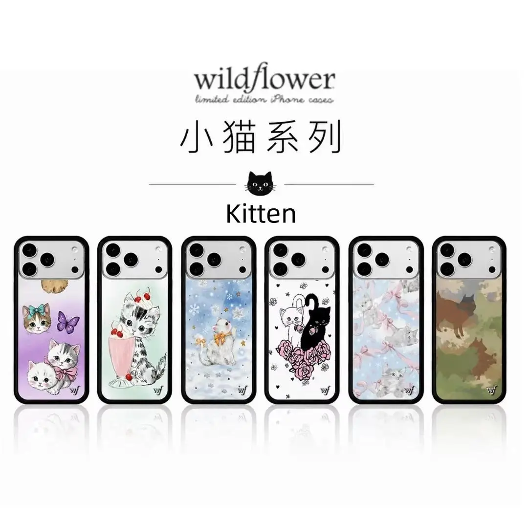 Wildflower Cartoon Kitten Hard Shell Phone Case - Cute Accessories for iPhone Series (11-17, Pro, Max, Plus), Samsung S25/S23/S22, 2-in-1 Anti-Drop Shockproof Luxury Design, INS Meow Themed Fisherman Gift for Country Music Fans