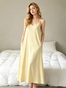 Women Cool Feel Ribbed Camisole Night Dress Builtin Non-Slip Chest Pad Design With Hand Pockets Loose Plus Size Midi Sleepwear For Summer Bedroom Casual Outfit