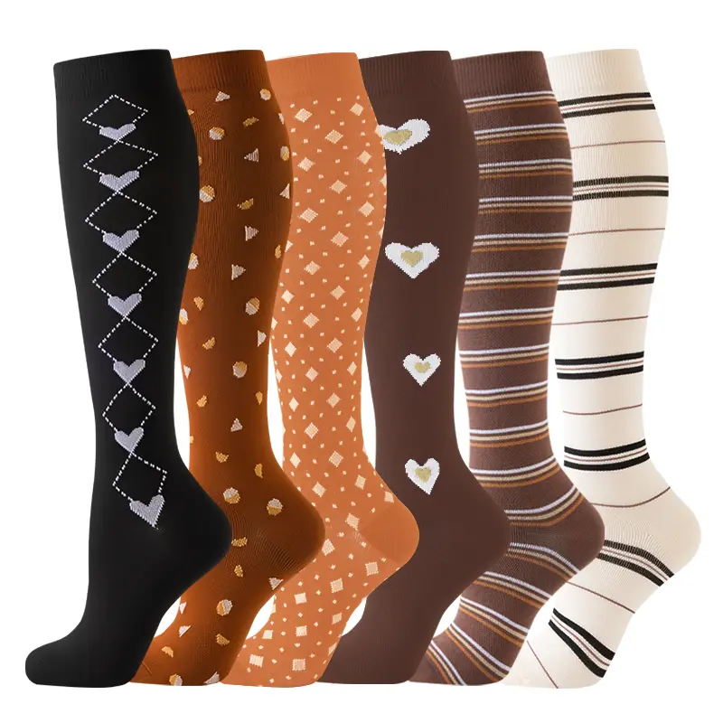 6 Pairs Women's Knee High Socks - Fun Pattern & Solid Color Mild Compression Socks for Nurses, Travel, Daily Wear