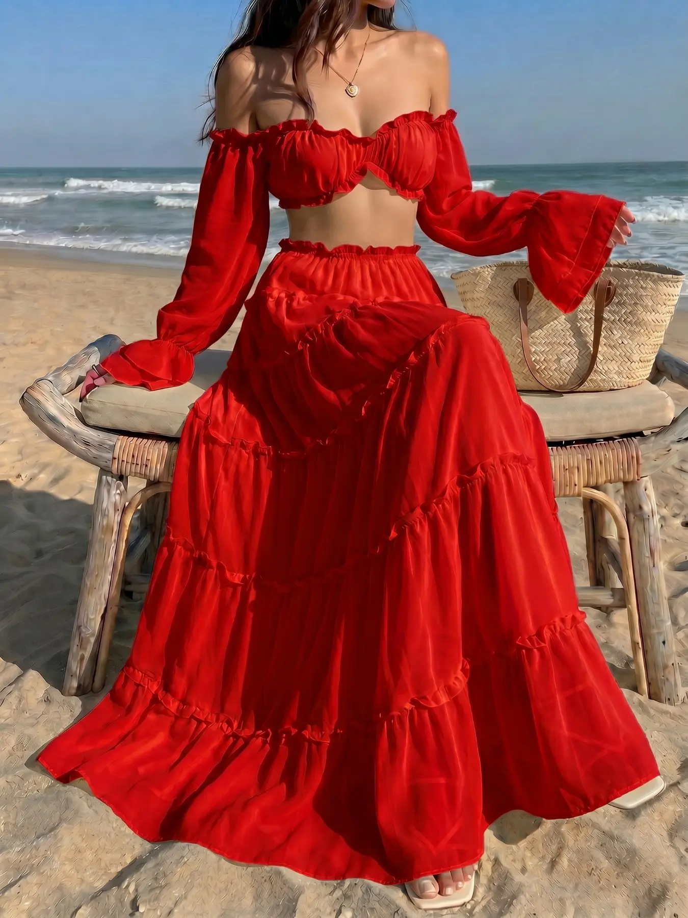 One-Shoulder Ruffle Long Sleeve Layered Cake Dress Two-Piece Set, Elegant Set, Beach Vacation Style, Lightweight Chiffon Top and Skirt Cream Yellow Off Shoulder Ruffle Long Sleeve Tiered Maxi Skirt - Beach Vacation Photoshoot