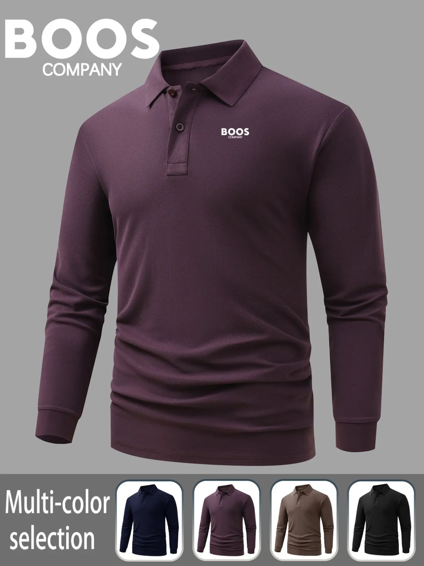 High-End Men's Golf Long Sleeve Polo Shirt, Fashion Boss Logo Print, Fitted Collared Shirt, Breathable and Comfortable, All Seasons