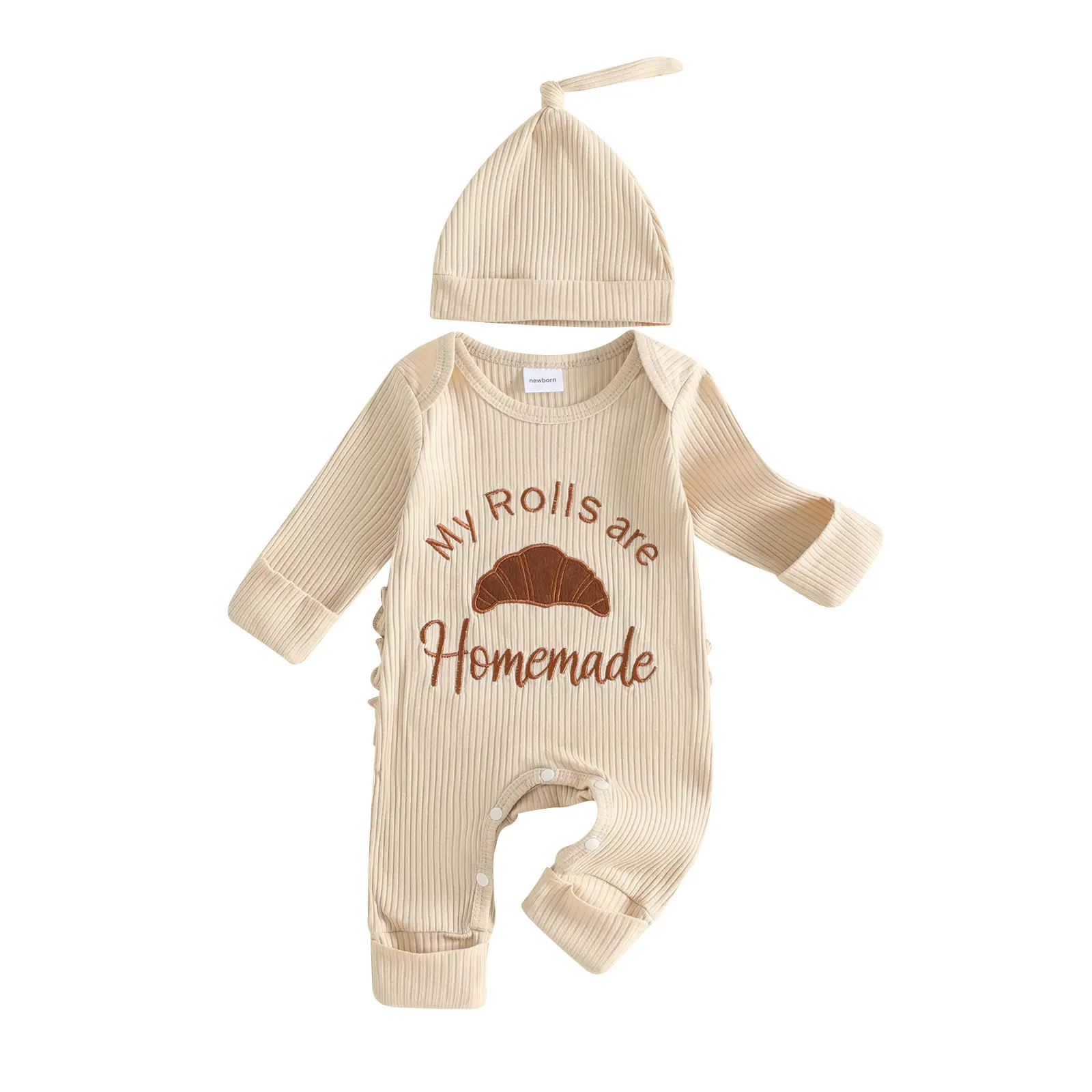 Babamoon Cotton Blend Newborn Romper Set, Snug Newborn Cut, Long Sleeve Jumpsuit & Hat for Baby Boys/Girls, Thanksgiving Outfit with Letter Embroidery & Croissant Motif