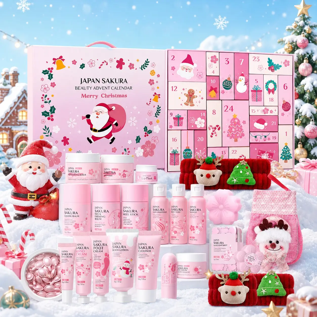 Sakura Beauty Advent Calendar 2026 for Teen 8-12, Christmas Advent Calendar with Skincare Products, Body Care Bundle, 24 Days Countdown Gift Box with Sakura Facial Body Hair Care Set and Christmas Accessories for Women Teens, Christmas Gift