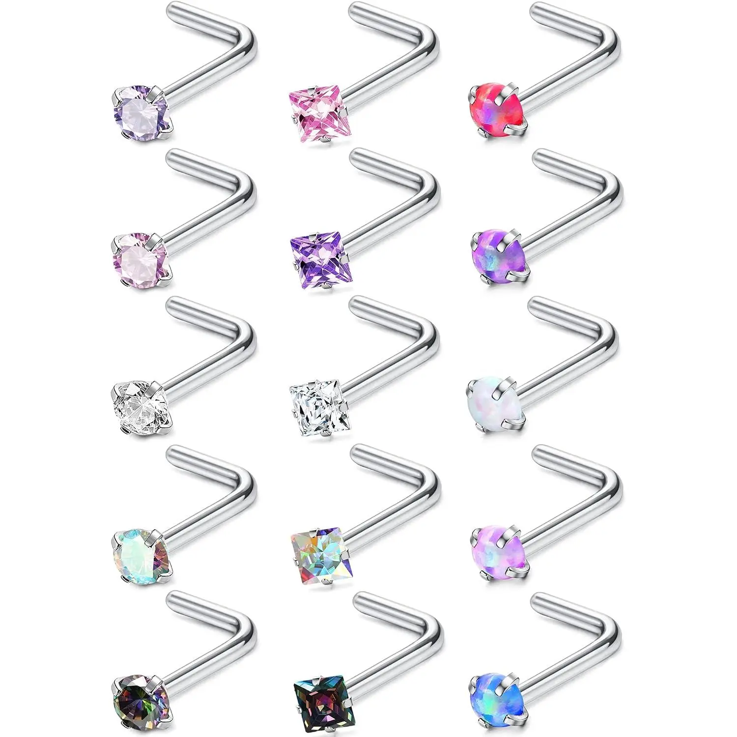 Hypoallergenic Nose Rings for Women Men - 15Pcs 316L Surgical Stainless Steel Nose Rings Studs L Shaped/Corkscrew/Straight Studs Rings Cubic Zirconia Labret Lip Nose Nostril Piercing Jewelry 18G 20G