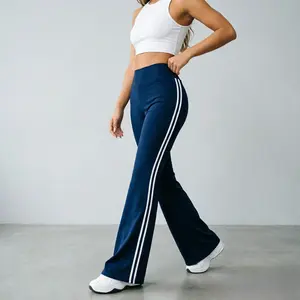 Women's High-Waist Tummy Control Bell Bottom Leggings - Side Double White Stripes, Butt Lifting, Stretch Fabric - Slim Athletic Pants for Gym, Daily Wear
