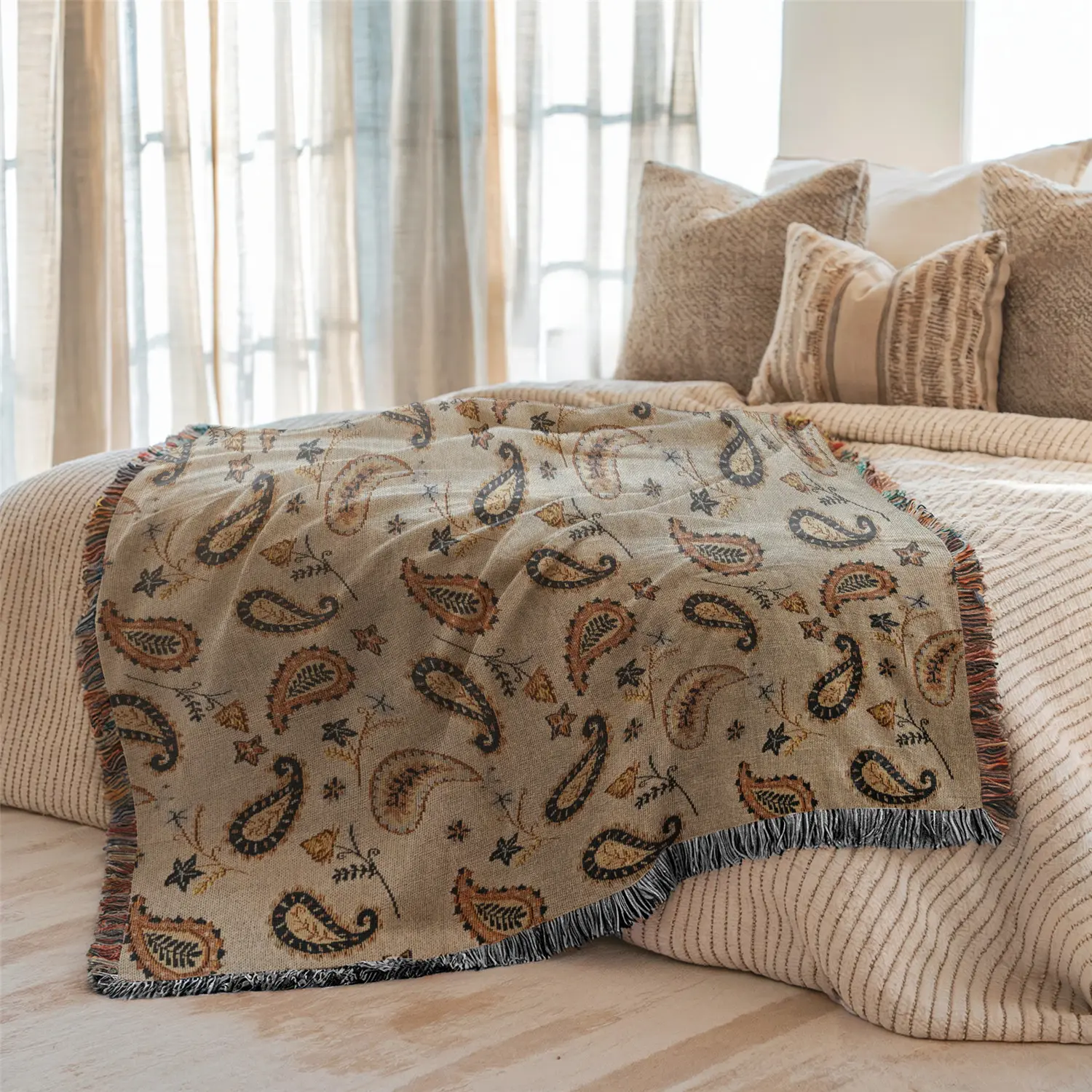 Multi-Function Tassel Woven Blanket  Paisley Cashew Flower Pattern Bed Blanket, Also for Sofa Cover Couch Throw Blanket Armchair Home Decor Room Wall Art Tapestry Furniture Slipcover Tablecloth Shawl Outdoor Picnic Camping Beach Towel Office Nap Hippie