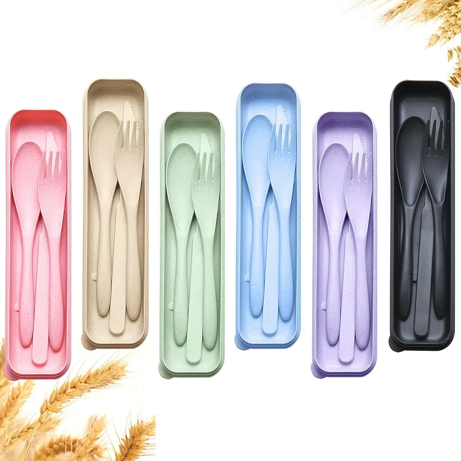 6-Piece Reusable Travel Utensils Set with Compact Case - Sustainable Wheat Straw Knife-Fork-Spoon Cutlery, BPA-Free Eco-Friendly Tableware, Travel-Ready for Outdoor Adults & Parties