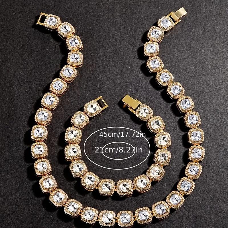 12mm Ice Cube Square Tennis Chain Long Stick Long Stick Chain Cubic Zircon 1 Row Cluster Artificial Diamond Tennis Necklace Bangle Hip Hop Jewelry for Men Women