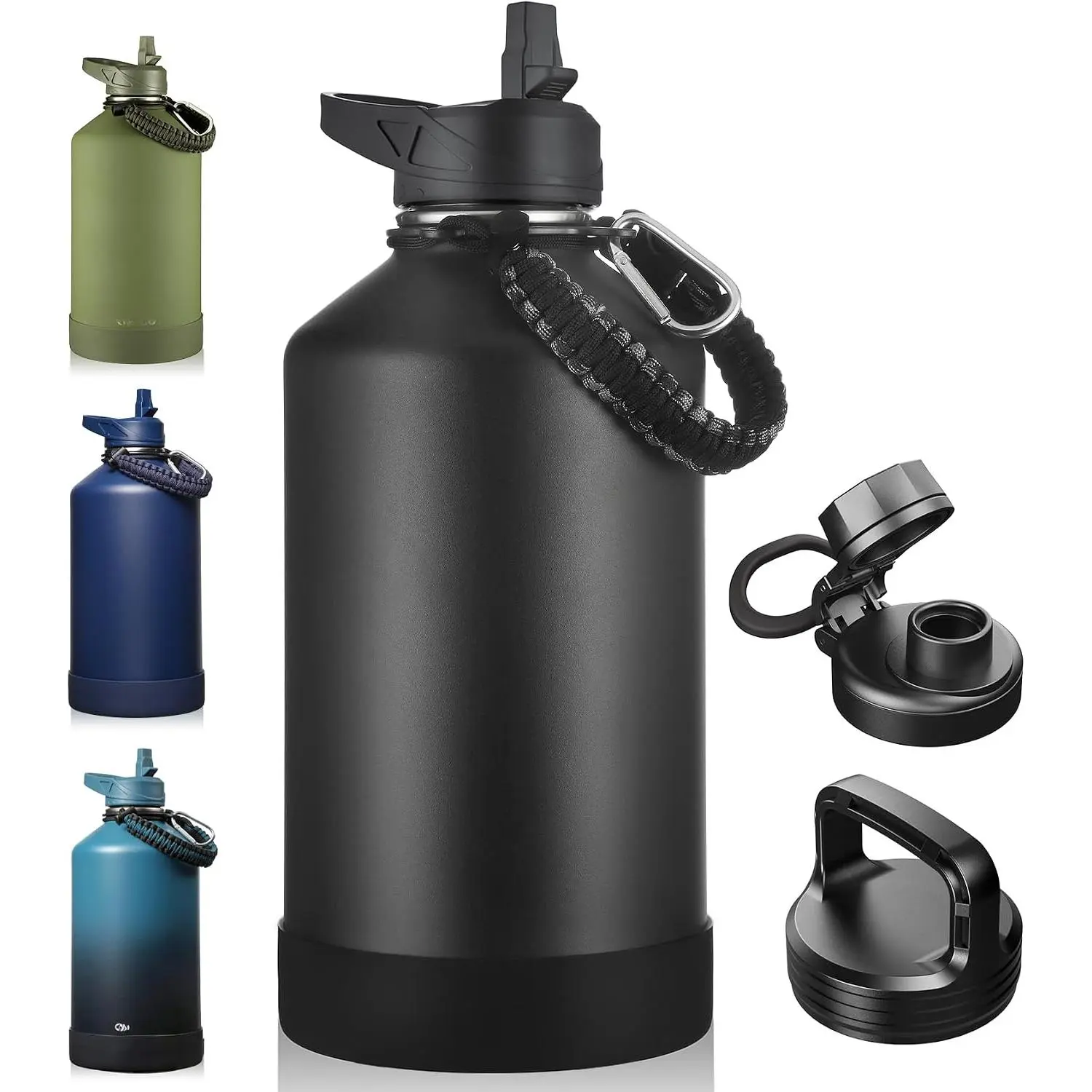 Gallon Insulated Water Bottle Jug with Straw, 128 oz Large Stainless Steel Water Flask, Big Metal Thermal Mug with 3 Lids for Sports, Travel, Gym, and Camping, Black