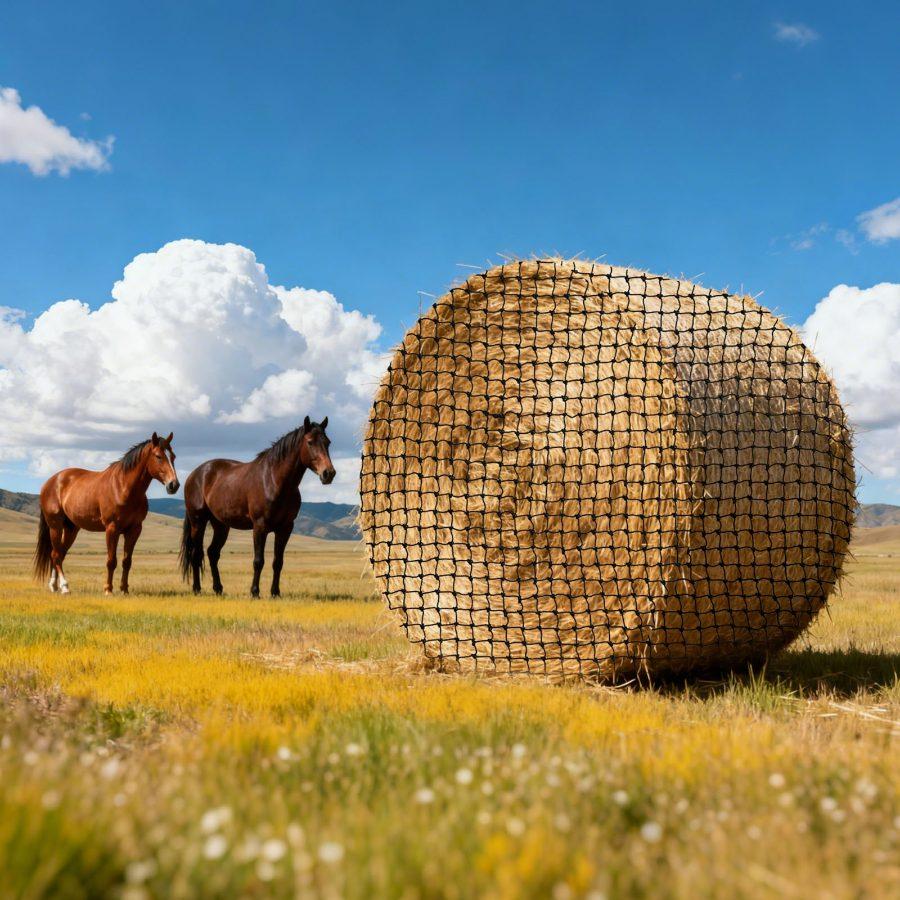 VEVOR Round Bale Hay Net, 5.91x 5.91x 5.91 ft, 1.65 inch Holes, PE Material, Knotless Design, with Zip Ties, Needle Shuttle, Repair Twine and Storage Bag, Slow Feeder Round Bale Net for Horses