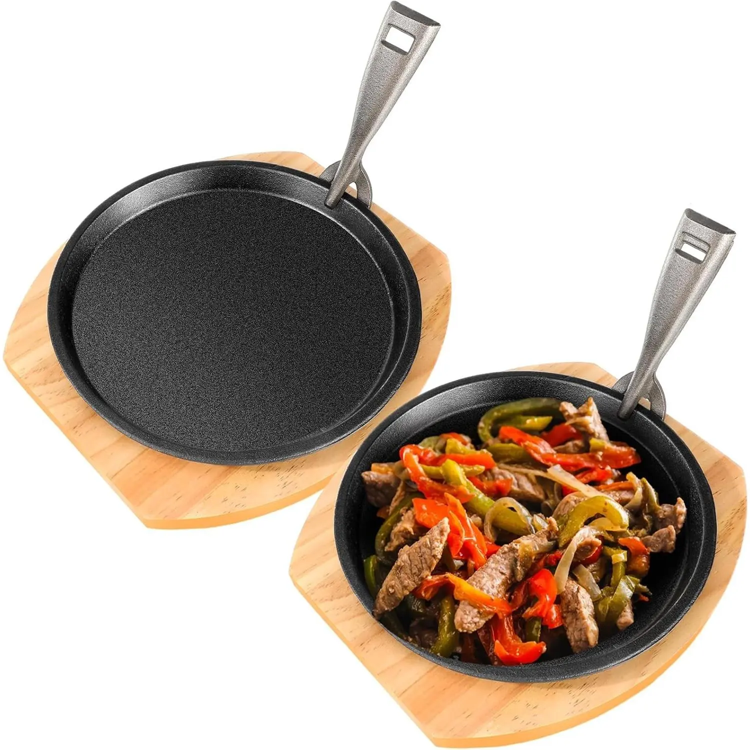Mimorou 2 Set 10.3 Inch Cast Iron Fajita Plate Set with Wooden Base Anti Scald Protection Removable Handle Fajita Plate Sizzling Pan Cast Iron Skillets Sets for Home Restaurant Kitchen BBQ Cooking