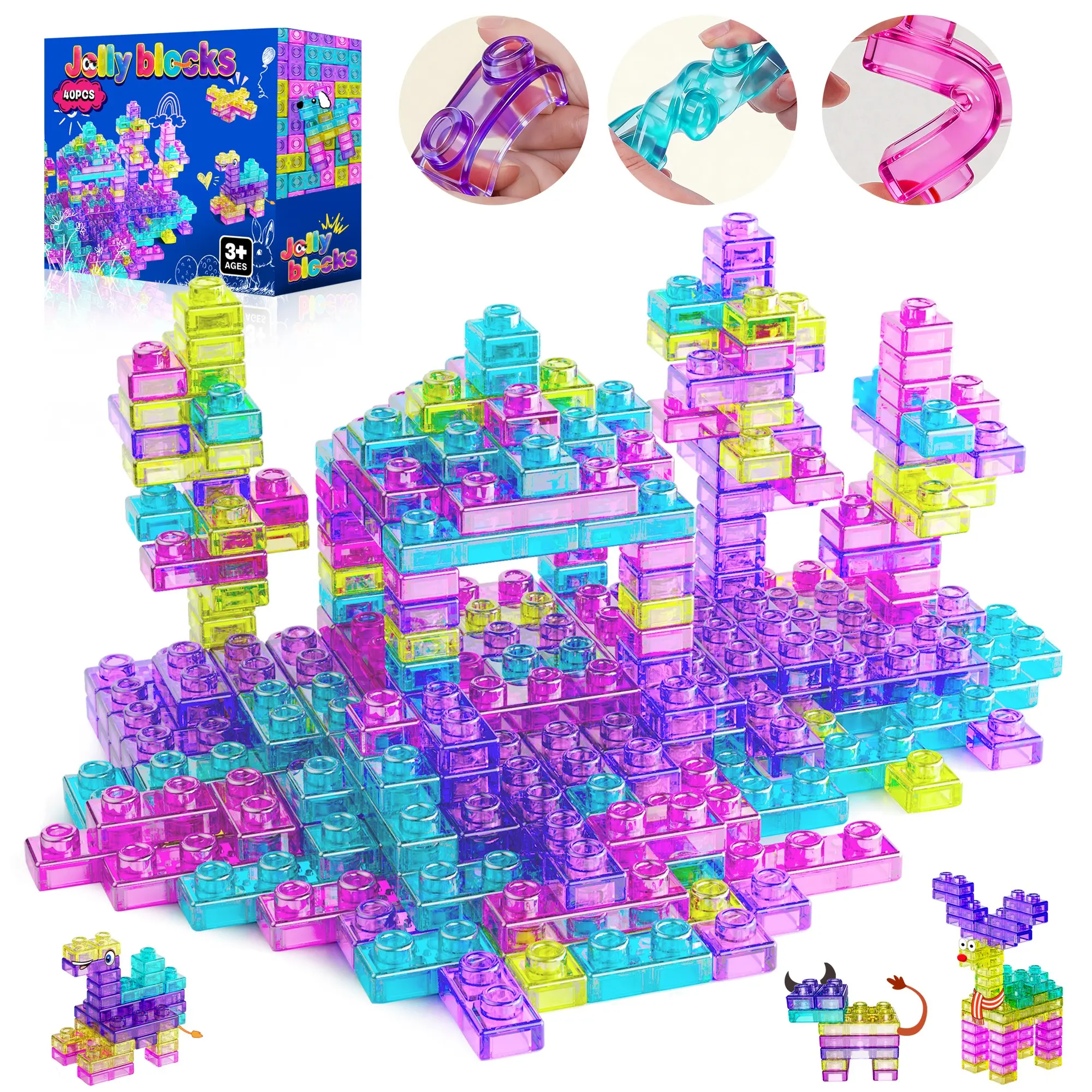 40pcs Soft Jelly Building Blocks for Kids, Transparent Sensory Stacking Toys, Stem Educational Toys for Toddlers Ages 3-6
