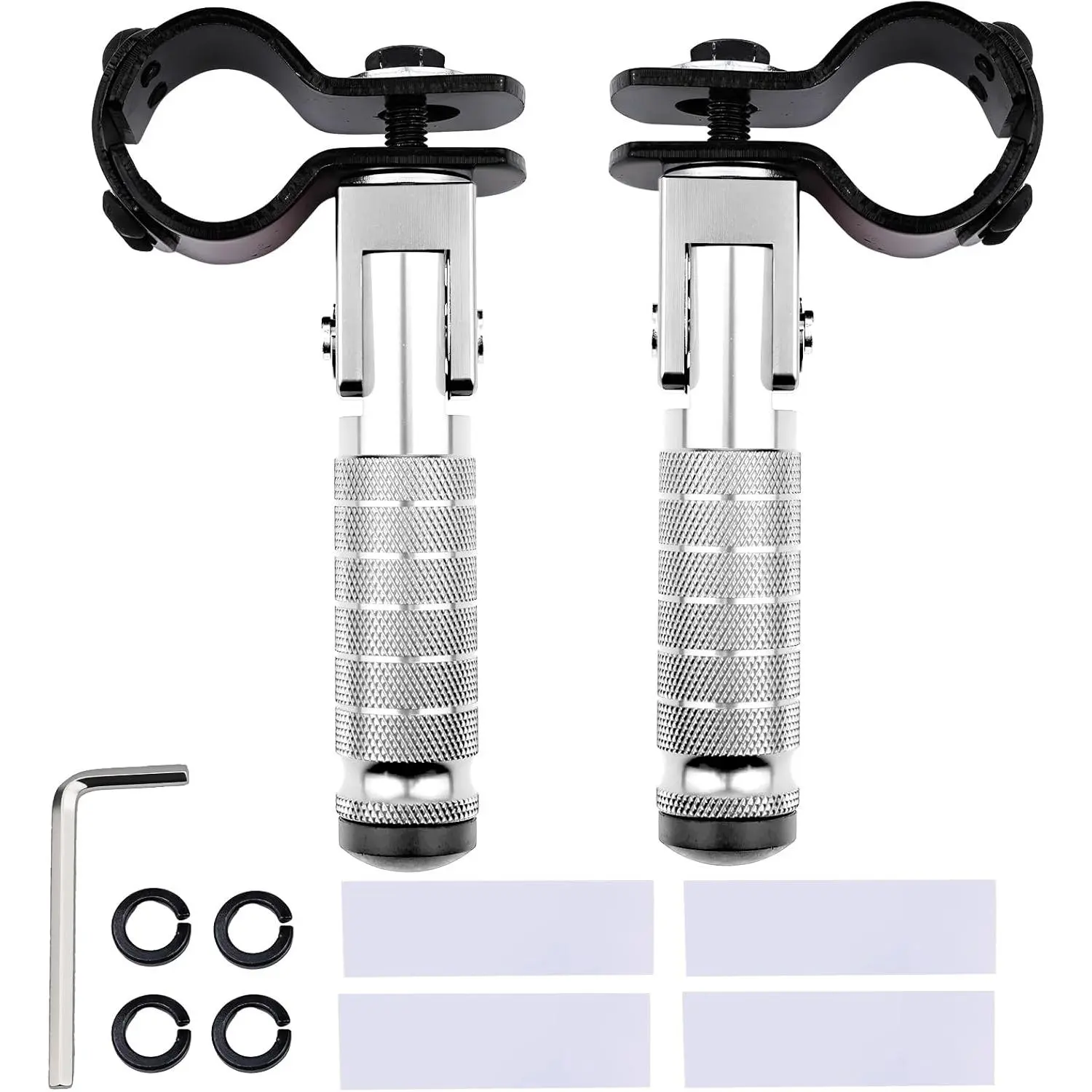 2-in-1 Clamp-On & Bolt-On Foldable Foot Pegs, Motorcycle Foot Pegs with Removable Pipe Clamps, M8 Mount or 26–32mm Tube Fit, for E-Bike, Mini Bike & Custom Builds (1 Pair, Raw Silver)