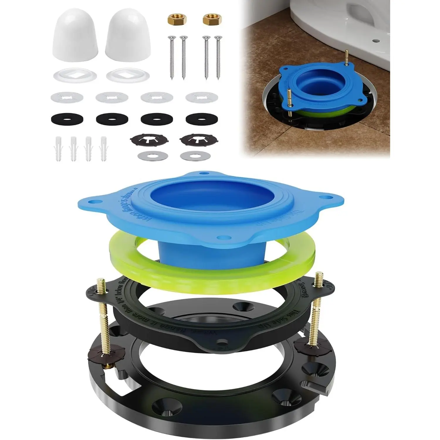 Elastic Wax Ring Toilet Flange Repair Kit for 3" & 4" Pipes - Universal Fit, Premium Seal & Gasket Replacement, Height Adjust, Modular Spacers, Mess-Free Installation for DIY Projects Bathroom Repairs