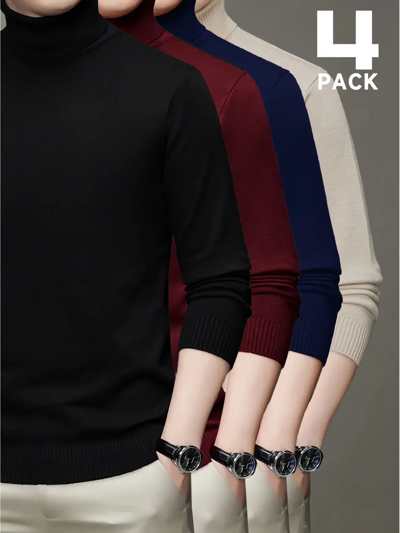 4 men's turtleneck thermal sweaters, classic and versatile, suitable for everyone, essential for everyday casual wear