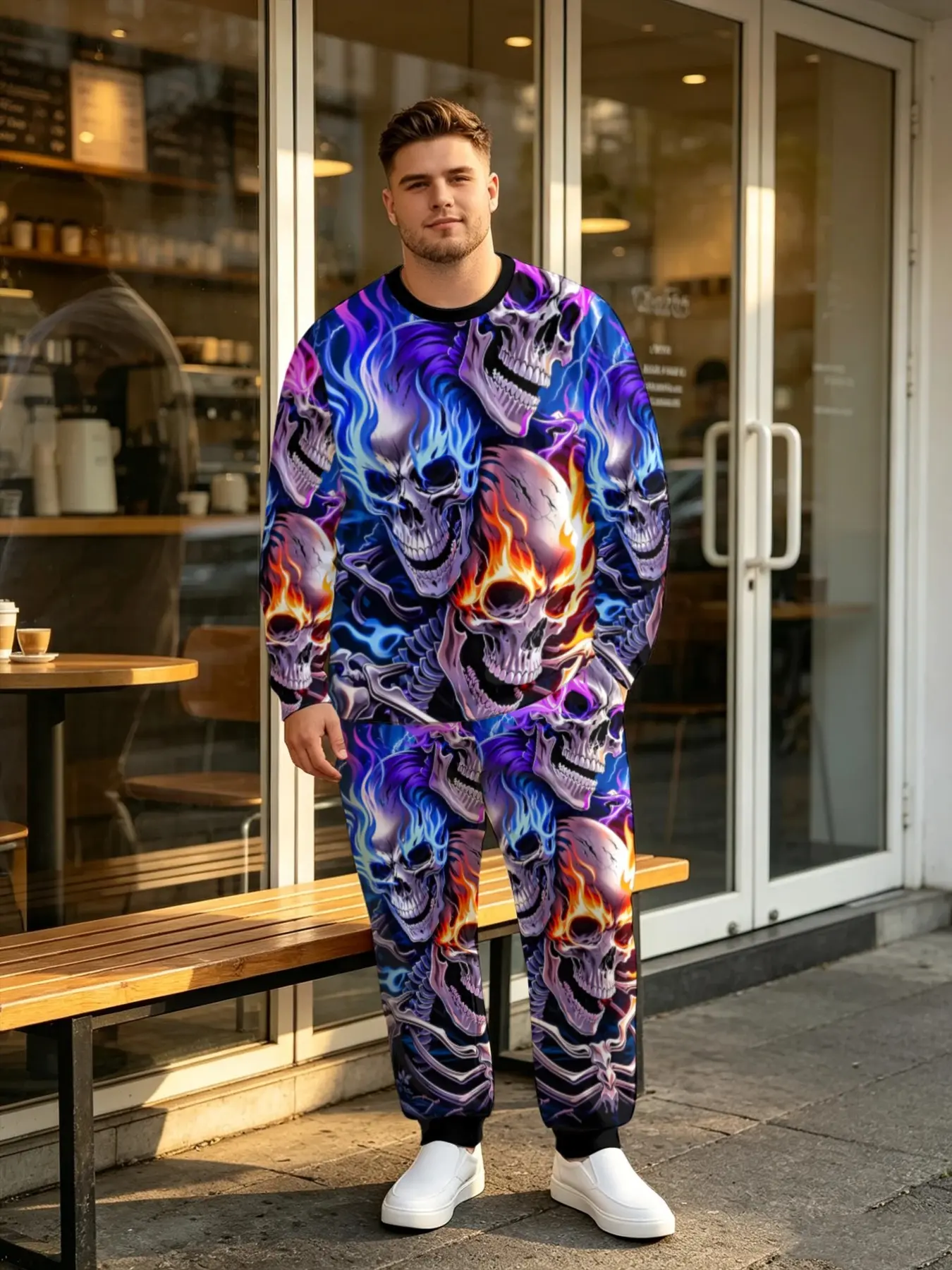 Men's Plus Size Punk Style Long Sleeve Set, Skull Print Fitted Top and Ankle Pants, Casual All-Season for Streetwear