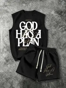 Men's Casual Sleeveless Tank Top and Shorts Set Outfit, Christian Faith Fashion, 'god Has a Plan' Print, Two-Piece for Men
