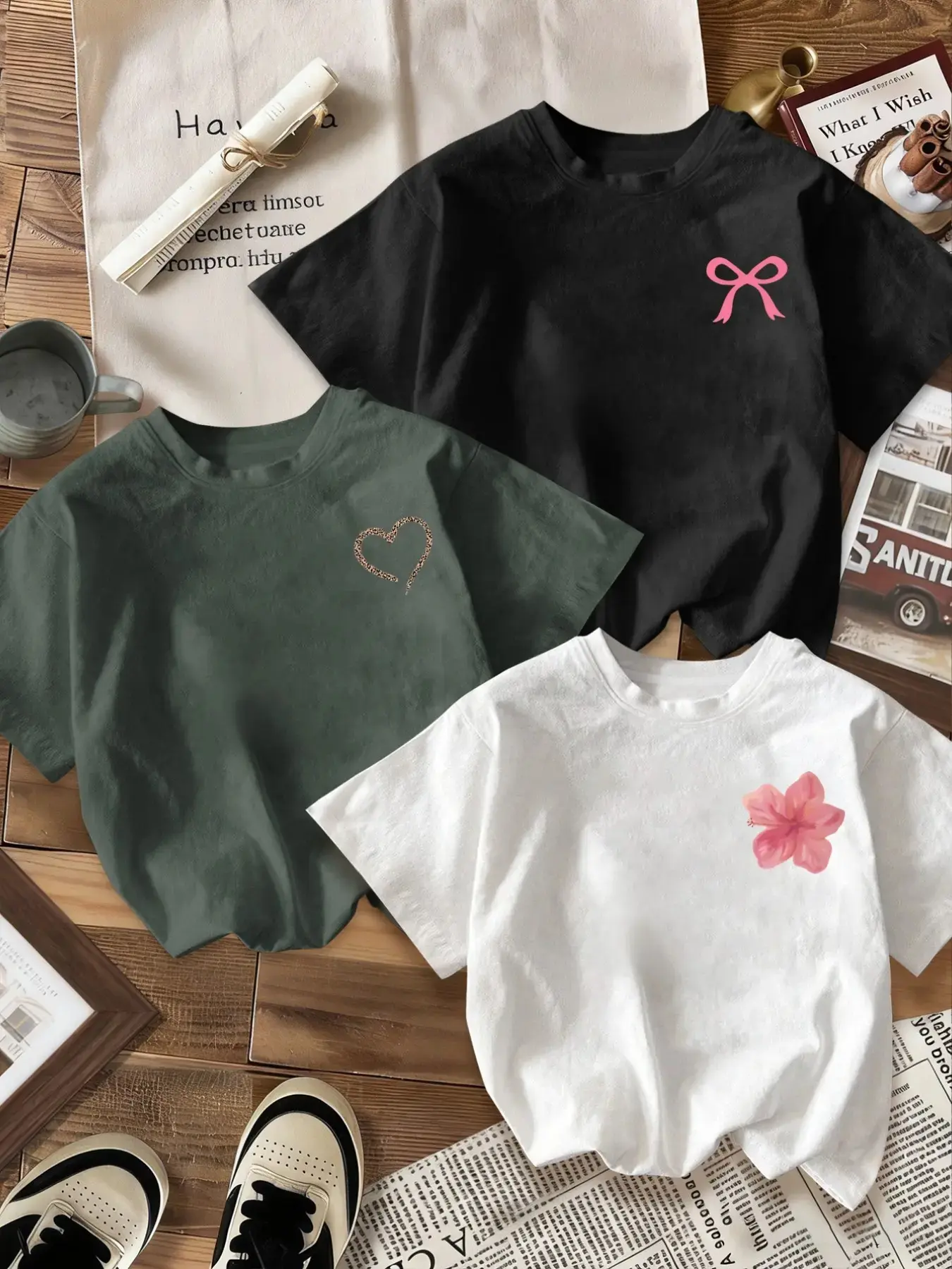 Breathable Casual T-Shirt, Loose Fit Round Neck Design, Bow & Heart Floral Print, Fashion Comfort, Daily Wear, Three Pack