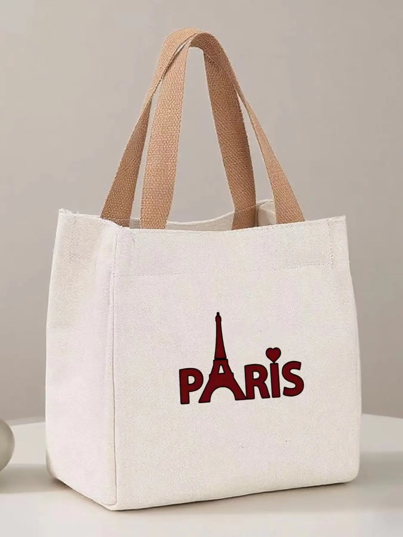 Romantic Paris Eiffel Tower Print Canvas Handbag, Paris Theme Pattern, Durable Canvas Material, Casual Style, All Seasons Use
