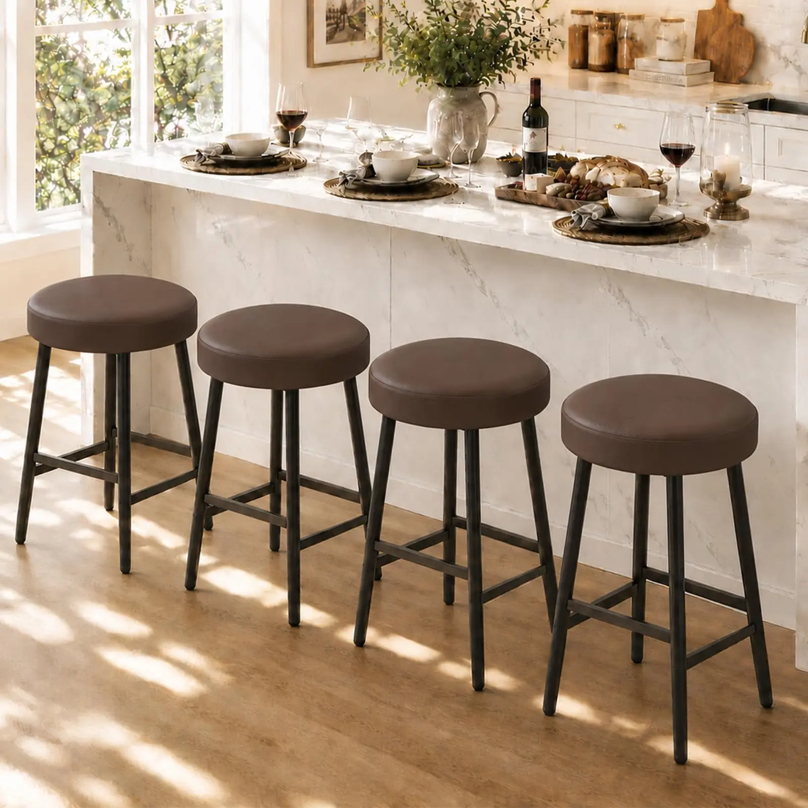 🪑 4-Piece Round Bar Stools Set – 26" Metal Frame, Wider Cushioned Seat & Backrest, 400 lbs Capacity, Easy Assembly for Kitchen Island & Bar, Brown ✨