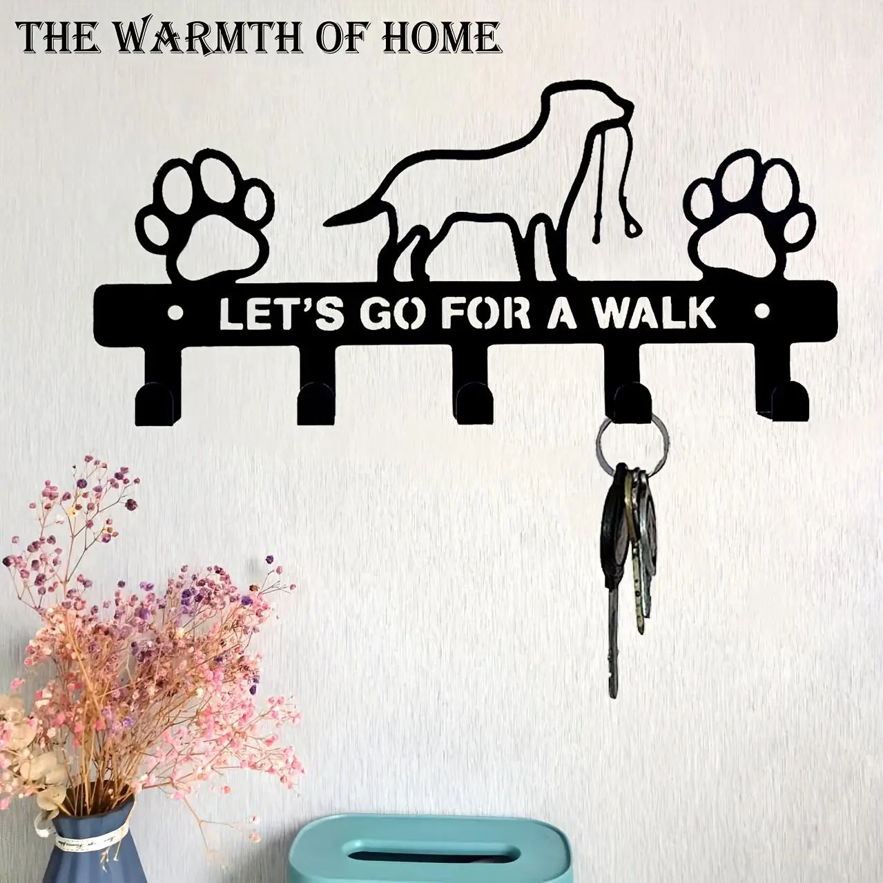 Dog Lover's Wall-Mounted Key Holder, Rust-Resistant Hooks, Let's Go for a Walk Design, Perfect for Keys, Leashes, Hats & Bags